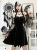 Schwarzes Gothic-Kleid Netzknöpfe Runder Kragen Langarm Polyester Gothic Midi-Kleid