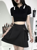 Schwarzes Gothic Poloshirt für Damen Turndown Collar Cotton Short Sleeve Top