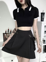 Schwarzes Gothic Poloshirt für Damen Turndown Collar Cotton Short Sleeve Top