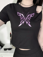 Schwarzes gotisches Hemd der Frauen Juwelenhals Kurzarm Schmetterling bedrucktes Baumwolltop