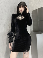 Schwarzes gotisches Kleid vordere Spitze Bandage Polyester Schwarzes Frauenkleid