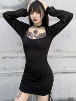 Schwarzes gotisches Kostüm-Langarm-Seitenbandage-Damenkleid