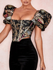 Schwarzes Hemd des Frauen-Hemds gedruckter Reißverschluss Bateau Neck Retro kurze Hülsenhülsen Polyester-Tops