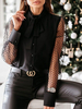 Schwarzes Hemd für Frauen Knöpfe Schnüren Designed Ausschnitt Sexy Langarm Polyester Tops