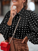 Schwarzes Hemd für Frauen Polka Dot Turndown Kragen Retro lange Puffärmel Polyester Tops