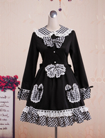 Schwarzes Lolita Kleid mit langen Ärmeln und Plaidmuster
