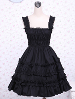 Schwarzes Lolita Kleid mit Trägern und Rüschen