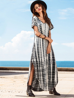 Schwarzes Sommerkleid Juwelenhals Kurzarm Geometrisches Split Beach Langes Kleid