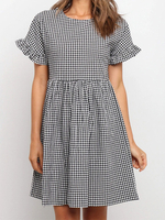 Schwarzes Sommerkleid Juwelenhals Kurzarm Schachbrettmuster Polyester Knielanges Strandkleid Tunika-Kleid