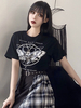 Schwarzes T-Shirt der Damen Jewel Neck Kurzarm T-Shirt mit Baumwolloberteil