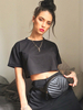 Schwarzes T-Shirt für Frauen Kurzarm Stretch Piping Jewel Neck Baumwolle Short T Shirt