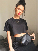 Schwarzes T-Shirt für Frauen Kurzarm Stretch Piping Jewel Neck Baumwolle Short T Shirt