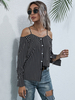Schwarzes T-Shirt für Frauen Offene Schultergurte Hals Lässig Langarm Baumwolle Sommer Tops