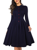 Schwarzes Vintage Kleid 1950er Jahre Frauen Stehkragen Langarm Skater Kleid
