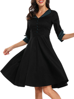 Schwarzes Vintage-Kleid 1950er Jahre Knöpfe Halbarm Frauen Swing-Kleid