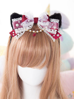 Süße dunkle rote Lolita Headbow Spitze Katze Ohr Perlen schwarz