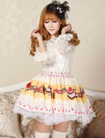 Süße Gelbe rosa Lolita Röckchen Lace Trim Kuchen Keks Print