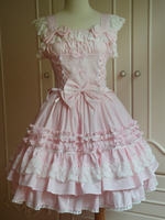 Süße Licht rosa Baumwolle Lolita Jumper Rock Lace Trim-Lace Up Rüschen