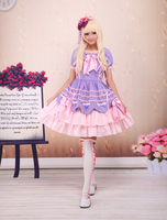 Süße lila rosa Lolita OP Kleid Kurzarm Layers Bögen und Trim
