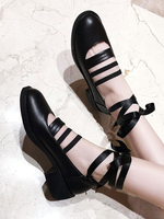 Süße Lolita Ballettschuhe Schwarze runde Zehen Leder Lolita Pumps