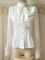 Süße Lolita Bluse Spitze Rüsche Stehkragen Bögen Vintage Lolita Hemd