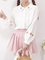 Süße Lolita Bluse Weiß Rosa Erdbeermuster Peter Pan Kragen Langarm Polyester Lolita Shirt