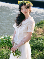 Süße Lolita Blusen Lolita Top Ecru Weiß Kurzarm Schleifen Rüschen Lolita Shirt