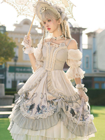 Süße Lolita Hochzeit OP Kleid Blumendruck Hellgrau Blumen Schleifen Lolita Einteilige Kleider
