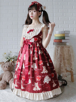 Süße lolita jsk kleid burgundy ärmelloses katze muster rüschen polyester täglich lässig lolita jumper röcke