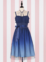 Süße Lolita JSK Kleid Fantasy Sternenhimmel Tulle Ombre Ribbon Bow plissiert tief blau Lolita Jumper Rock
