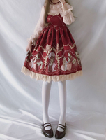 Süße Lolita JSK Kleid Print Rüschen Burgunder Lolita Jumper Skirt