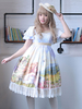 Süße Lolita Kleid OP Licht blauen quadratischen Ausschnitt kurze Ärmel gedruckt Rüschen Baumwolle ein Stück Kleid