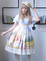 Süße Lolita Kleid OP Licht blauen quadratischen Ausschnitt kurze Ärmel gedruckt Rüschen Baumwolle ein Stück Kleid