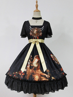 Süße Lolita Kleid OP Schwarz Chiffon quadratischen Ausschnitt gedruckt ein Stück Rüschen Kleid