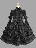 Süße Lolita Kleid OP schwarz Stehkragen Blätterteig Langarm Baumwollspitze Rüschen Bow Lolita einteiliges Kleid