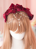 Süße Lolita Kopf Band Samt Knoten Bogen Perle Burgund Lolita Haar-Accessoire