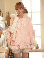 Süße Lolita Mantel rosa Dekoband Umhang mit Kapuze Faux Pelz Bogen halbe Ärmel Lolita