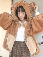 Süße Lolita Mäntel Khaki Rüschen Polyester Langarmmantel Winter Lolita Outwears Bärenmäntel