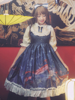 Süße Lolita OP Kleid Meeresboden Sternenhimmel Rüschen Bogen tiefblau Lolita Einteiler Kleid