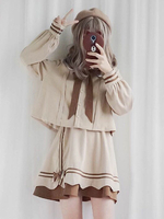Süße Lolita Outfit Mandel Kakao Bogen Streifen gefaltete Aprikose Lolita Set