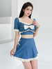 Süße Lolita Outfits Blaue Schleifen Rüschen Farbblock Kurze Ärmel Rock Hose Top