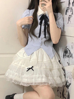Süße Lolita Outfits Hellhimmelblau Schleifen Rüschen Kurzarm Rock Bluse