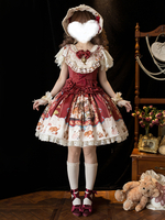 Süße Lolita Outfits Rot Blumendruck Schleifen Rüschen Kurzarm Top Rock