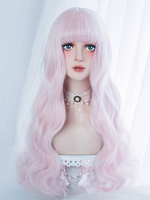 Süße Lolita Perücke Harajuku Blunt Bang zerzaust Körperwelle Soft Pink Lolita Perücke