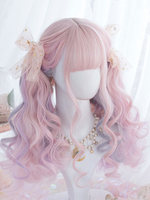 Süße Lolita Perücken Rosa Ombre lange lockige Lolita Haarperücken mit stumpfem Knall