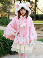 Süße Lolita Poncho Mantel Rosa Kapuzen Katze Ohr Rüschen Winter Wollmantel
