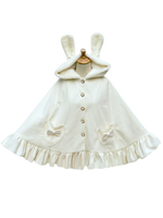Süße Lolita Poncho Wolle Weiß mit Kapuze Bunny Rüschen Winter Cape Coat