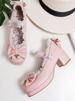 Süße Lolita Pumps Rosa Schleifen Spitze Runde Zehen Leder Lolita Schuhe