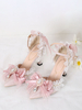 Süße Lolita-Sandalen Schleifen Rüschen Strasssteine spitze Zehen Schleife elastischer Stoff rosa Lolita-Sommerschuhe