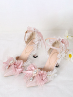 Süße Lolita-Sandalen Schleifen Rüschen Strasssteine spitze Zehen Schleife elastischer Stoff rosa Lolita-Sommerschuhe